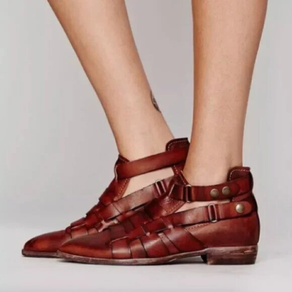 Free People Brown Leather Style Nine Ankle Boots Double Buckle Strappy Booties - Picture 1 of 13